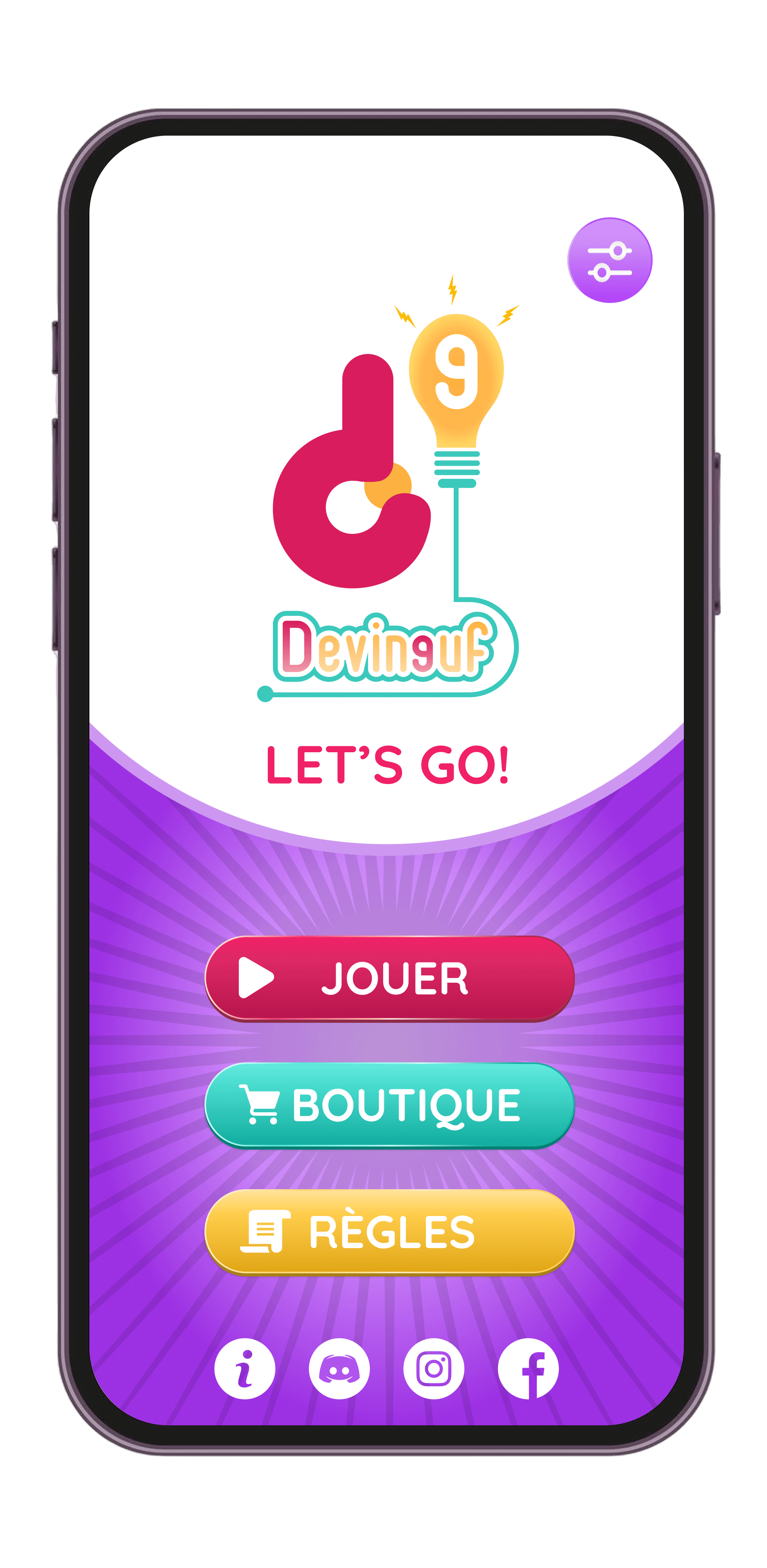 Menu principal de Devineuf avec les boutons Jouer, Boutique et Règles