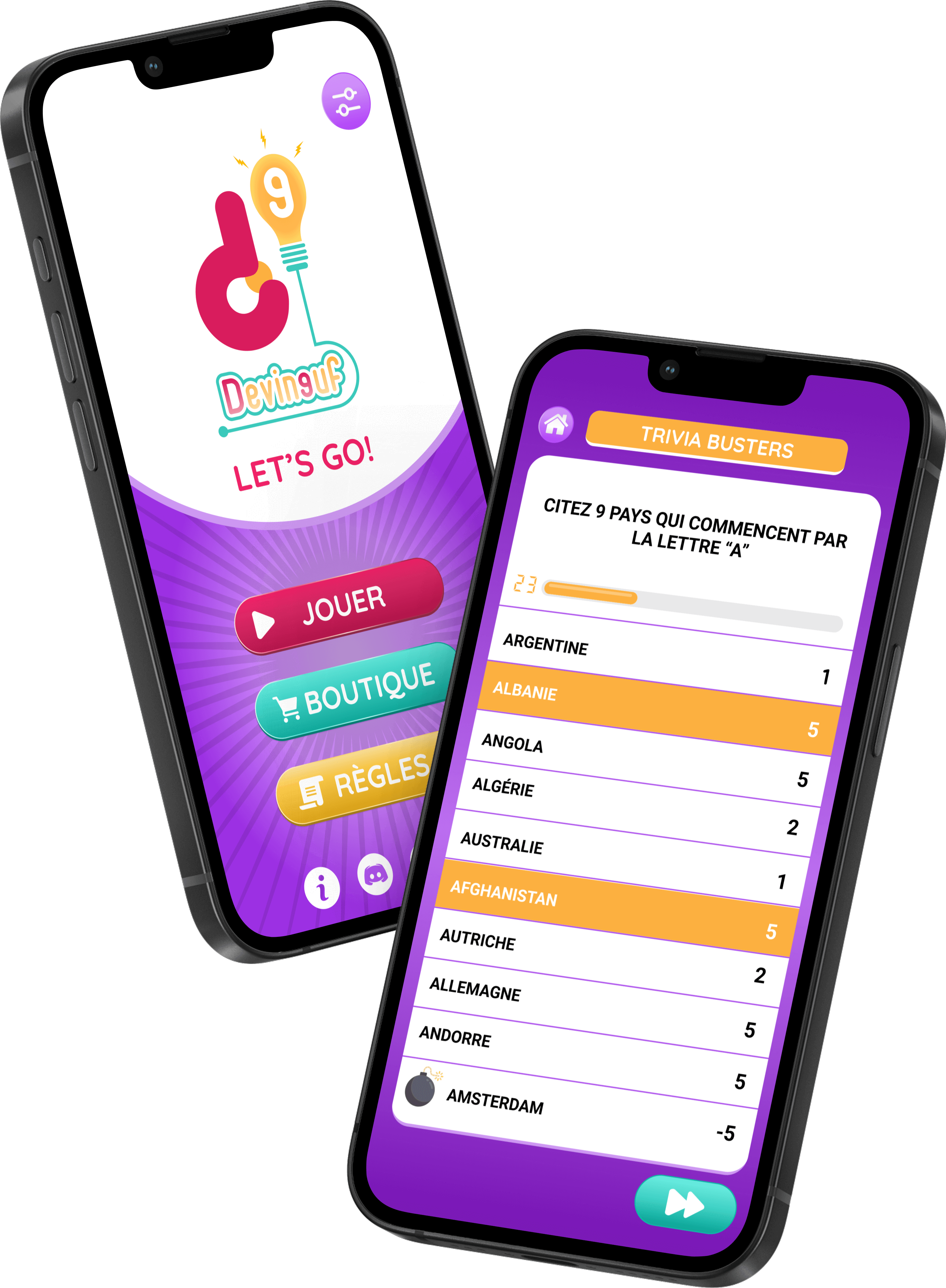 L'application Devineuf sur deux téléphones : le menu principal et un écran de question